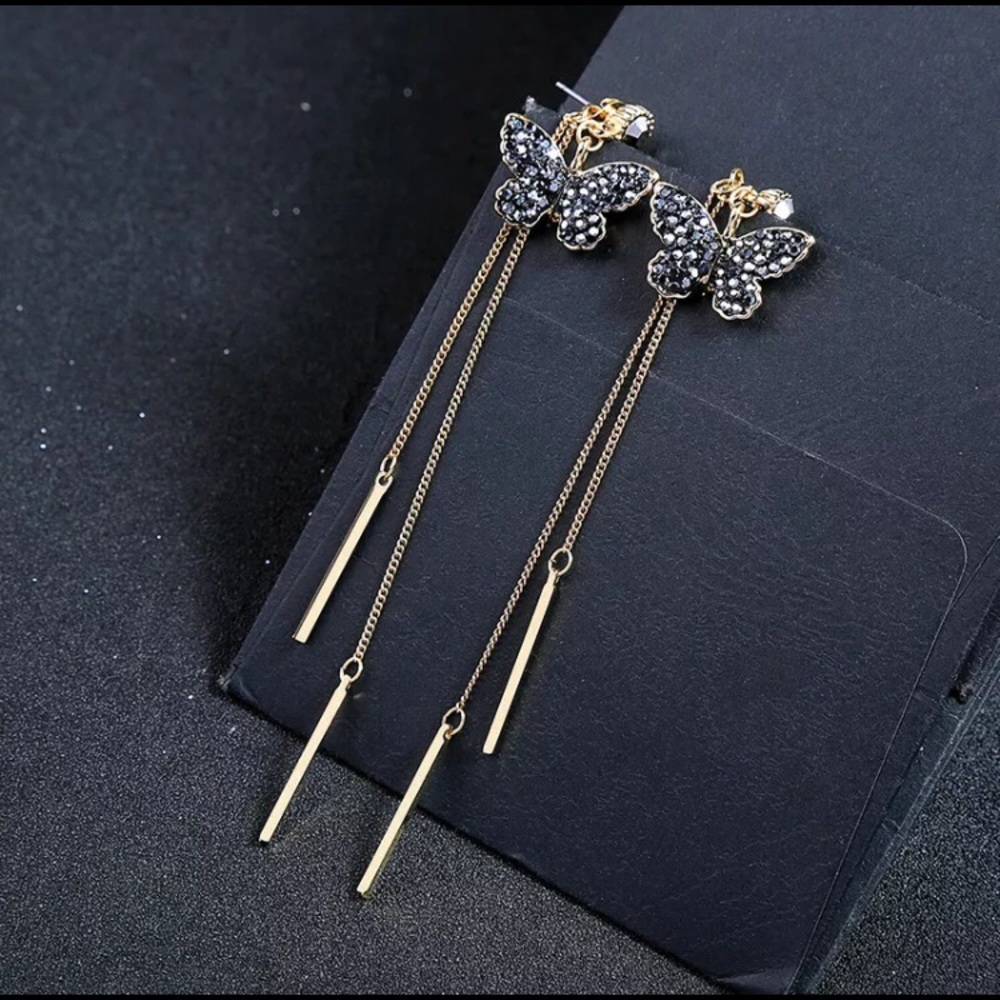 New n box black rhinestone butterfly drop earrings